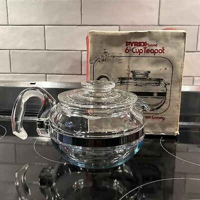 Corning Pyrex Flameware 8446-B Glass 6-Cup Tea Pot W/Tabbed Lid~USA FLAMEX+Box • $29.99