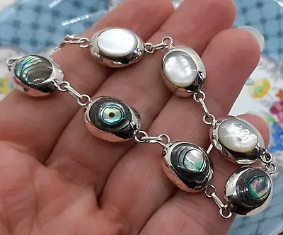 Abalone Shell Mother Of Pearl Reversible 925 Sterling Silver Bracelet • £28.95