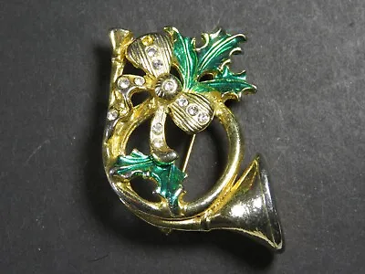 Vintage Enamel Rhinestone French Horn Holly Christmas Brooch Pin B5678 • $3.77