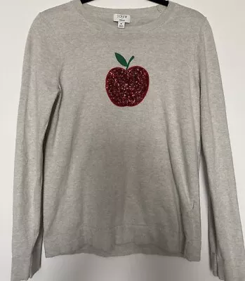 J. Crew Teddie Sequin Apple Gray Knit Crewneck Cotton Sweater  - Size M • $29