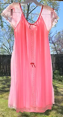 Pink Vintage 60s Nightgown~Double Chiffon~DURELLE USA~M~Baby Doll Nightie 42+ • $23