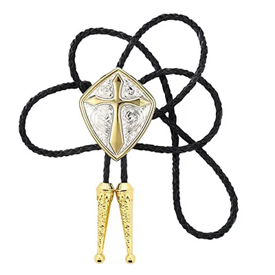 Cowboy Western Bolo Tie For Men Gold Cross Shield With Handmade Black Leather • $11.99