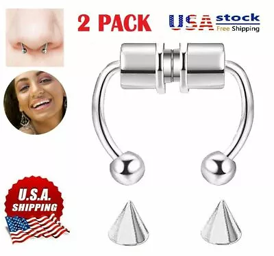 2 PACK Magnetic Septum Fakes Nose Ear Rings Stainless Steel Non-Piercing Silver • $7.19