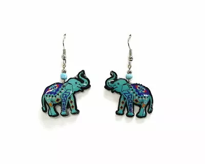 Tribal Elephant Earrings Geometric Pattern Animal Handmade Wildlife Art Jewelry • $13.99