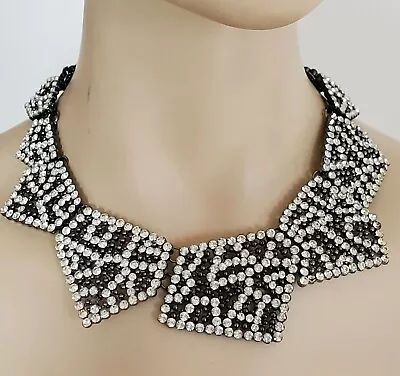 GLOWS Massive Statement Necklace Black Metal Glowing UV Rhinestone Collar Bib • $20