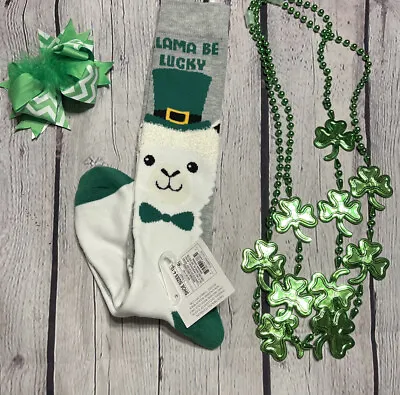 ST. PATRICK'S DAY Womens Teens KNEE HIGH SOCKS 4-10 Necklaces Hairbow Shamrock • $8.99