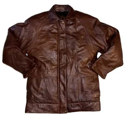 Mens VTG Eddie Bauer Goose Down Fil Brown Genuine Leather Bomber Jacket XS • $99.99
