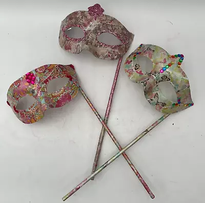 Lot Of 3 Mardi Gras Mask With Sticks Women Size Hand Decorated Multi Colors • $20