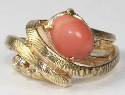 Vtg 1970's 14k Gold White Sapphire Coral Modern Art Ring Size 5 3/4 • $750