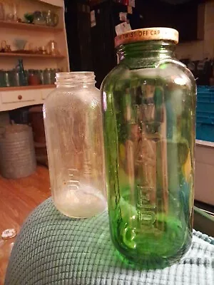 Antique Green & Clear Glass Water Juice Bottle Jar Lot Measuring 32 & 40 Oz • $35