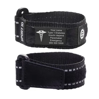 CUSTOM ENGRAVE Sport Nylon Adjustable Unisex Black Medical Alert Id Bracelet • $23.97