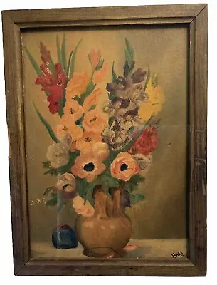 1953 VTG MCM Signed  Oil Painting Still Life Gladiolas Flowers Framed 15.5x11.5 • $72