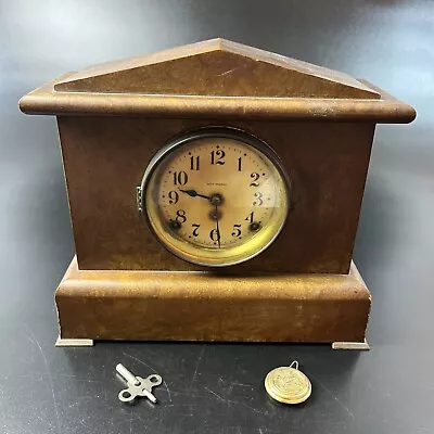 Seth Thomas Mantle Strike Clock W/Key Pendulum Weight Runs Needs Repair/Parts • $19.99