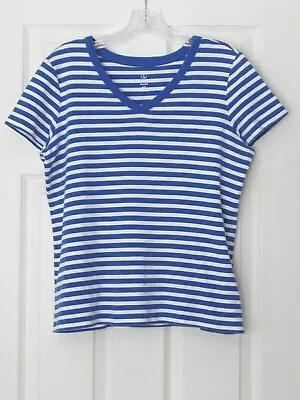 $7 • Buy Lands' End Women's Size M/P 10-12 Shaped Blue & White Stripe V-Neck SS Top 