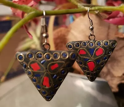 Nepalese Jewelry Triangle Dangle Earrings Red Coral Blue Lapis Lazuli • $25