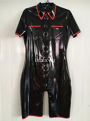 Hot Sale New Latex Full Rubber Black And Red Sports Lapel  Half Catsuit S-XXL • £40.82