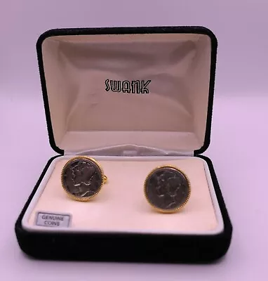 Vintage Swank Sterling Mercury Dime Cufflinks Set In Goldtone • $35