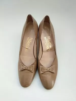 Vintage Salvatore Ferragamo Beige Tan Leather Mid Heels With Bow EU 37.5 AU 7.5 • $49