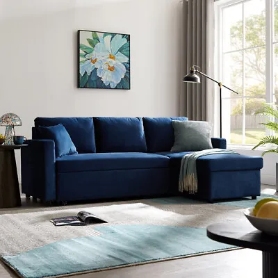 Sofa Bed Pull Out Velvet Or Linen 3 Seater  Grey Blue Black Chaise With Storage • £559.99