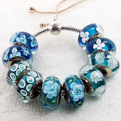 $110 • Buy Set 10 Authentic Pandora Silver Murano Glass Bead Charm Blue White Flower Garden