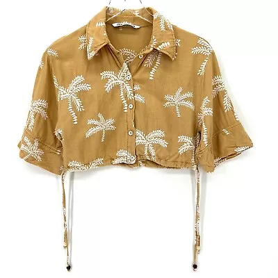 Zara Palm Tree Embroidered Linen Cropped Top Button Up Tan Tropical Size XS • $20