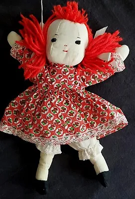 Vtg Mid Century Homemade Cloth Rag Doll In Handmade Red Dress Yarn Hair 12  • $15
