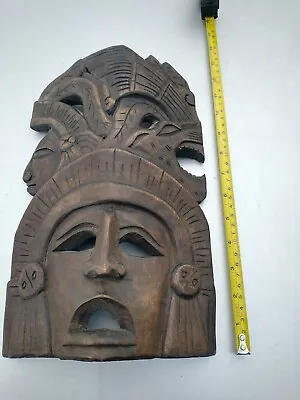 14 Inch Vintage Hand Carved Wood Mayan Aztec Warrior Mask Headdress Quality Work • $69.99