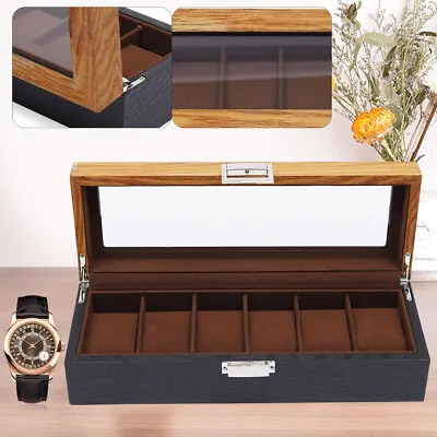 6 Slots Wrist Watch Box Wooden Display Case Glass Top Jewelry Storage Organizer • $25.65