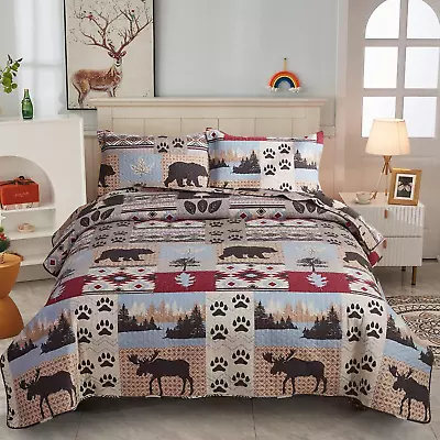 Lodge Bedding Set King Size Rustic Cabin Quilt Set Moose Bear Bedspread Coverlet • $48.90