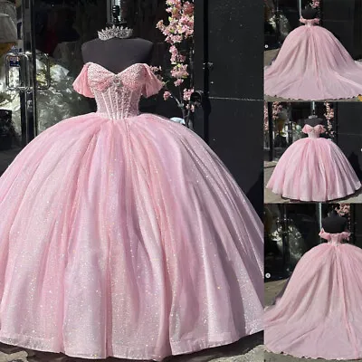 Pink Quinceanera Dresses Ball Gown Glitter Sweet16 Birthday Pageant Beaded Dress • $127.20