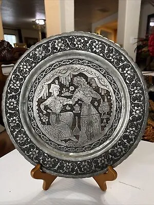 Vintage 11” Persian Qajar Tray Silver Tone Copper Omar Khayyam Scene Signed • $119.95