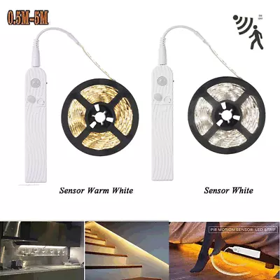 UK White PIR Motion Sensor LED Strip Light Battery Powered Stairs Cabinet Closet • £7.59