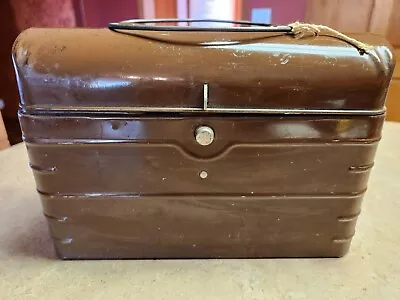 Vintage 1933 Brown Metal Industrial  Factory Railroad Miners Domed Lunch Box • $35