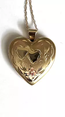 14k Yellow Gold Rose Flower Heart 4 Picture Locket Ppc Pendant Necklace Chain • $449.99