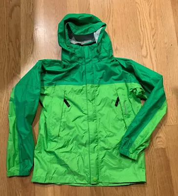 Marmot Rain Jacket L 10 12  Green Water Repellent Roll Hooded Wind Pockets EUC • $22