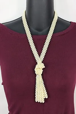 Vintage Faux White Pearl Lariat Sautoir Tassel Necklace Tie Belt 34  • $25