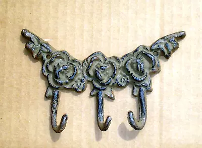 Cast Iron Floral Wall Hook Painted Vtg 3 Hooks Towel Coat Hanger 6  • $16.23