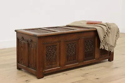 Gothic Design Antique Carved Oak Blanket Chest Trunk Arches #48701 • $1800