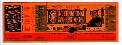 1962 Indianapolis 500 Full Ticket A J Foyt Pictured Roger Ward Winner • $120