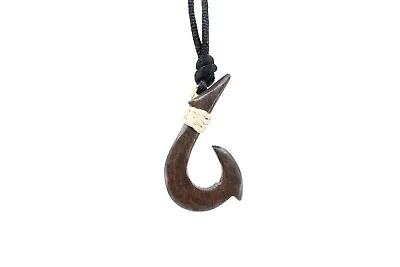 Hawaiian Fish Hook Necklace - Small Black Hand Carved Adjustable Rope Maui • $5.76