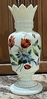 Antique 19th Cntry ? Bristol Glass? Hand Painted Vase Custard Milk Glass Uranium • $79.99