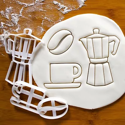 Set Of 3 Coffee Cookie Cutters: Moka Pot Coffee Bean Cup |cafe Barista Biscuit • £20.22