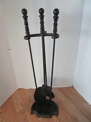 Vintage Cast Iron Fireplace Tool 4 Piece Set With Stand Spanish Tuscan 1970's • $94