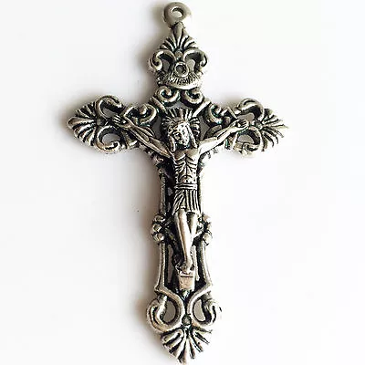 £5.43 • Buy Large Italy 2  Jesus Silver Crucifix Cross Rosary Parts Center Catholic Pendant