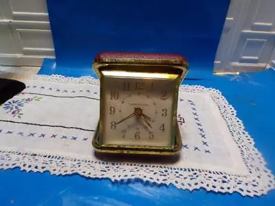 Vintage Travel Alarm Clock WESTCLOX Germany 1950 Red Leather Case • $5.99