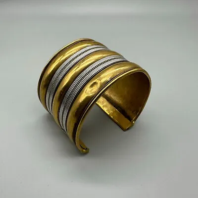 Vintage Brass Cuff Bracelet Silver Gold Two Tone Ribbed Statement Etruscan 7.5  • $25.49