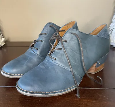 Sergio Tomani Blue Leather Boho Ankle Booties Lace Up Heels Oxford 36 / US 6.5 7 • $39.99