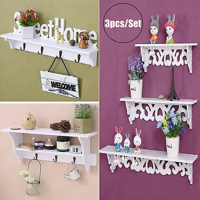 White Floating Coat Rack Wall Mount Storage Shelf With Hook Hanger Display Unit • £7.99