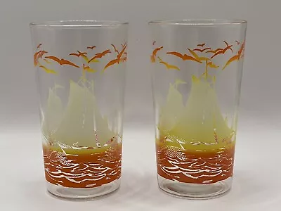 Vtg MCM Nautical Sailboat Juice Glasses Orange White Hombre Fade Set Of 2 • $19.99