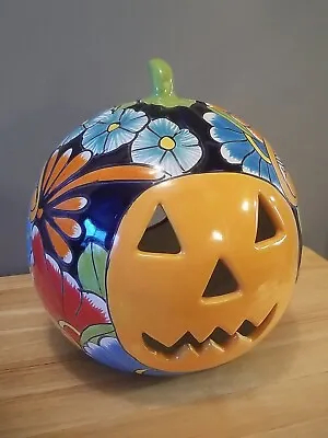 Talavera Pottery Pumpkin Jack O Lantern Halloween Mexican Folk Art Candle Holder • $53